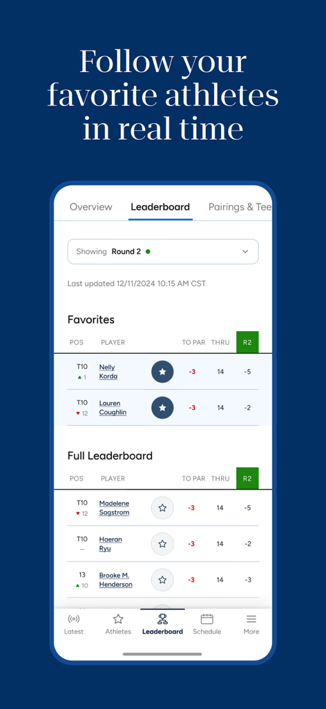 토너먼트 중 좋아하는 골퍼의 실시간 점수와 순위를 보여주는 LPGA 앱 라이브 리더보드 화면