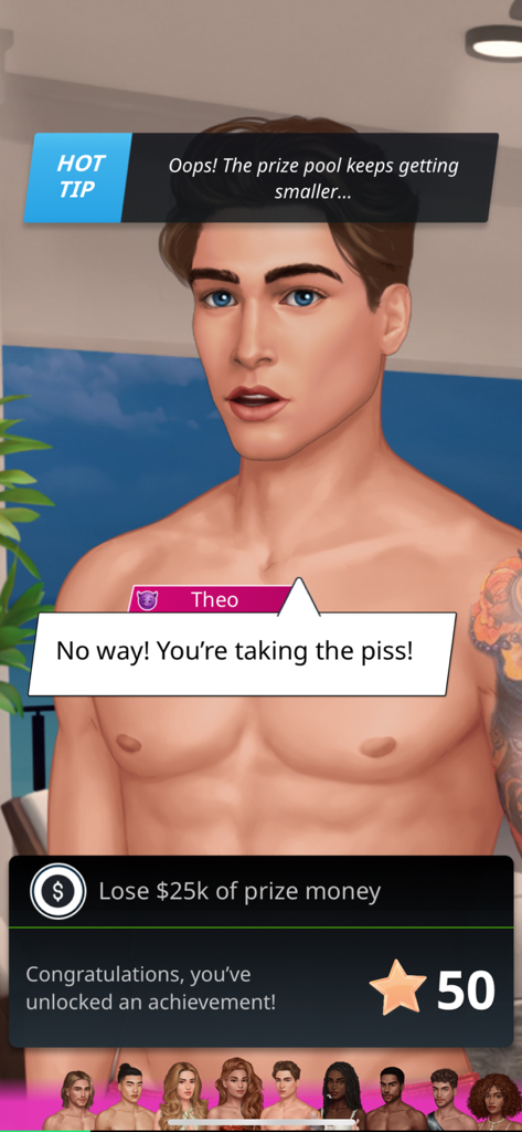 THTH: Love Is a Game NETFLIX - Una captura de pantalla de THTH Love Is a Game NETFLIX que muestra al personaje Theo reaccionando a una reducción del premio y una notificación de logro desbloqueado.