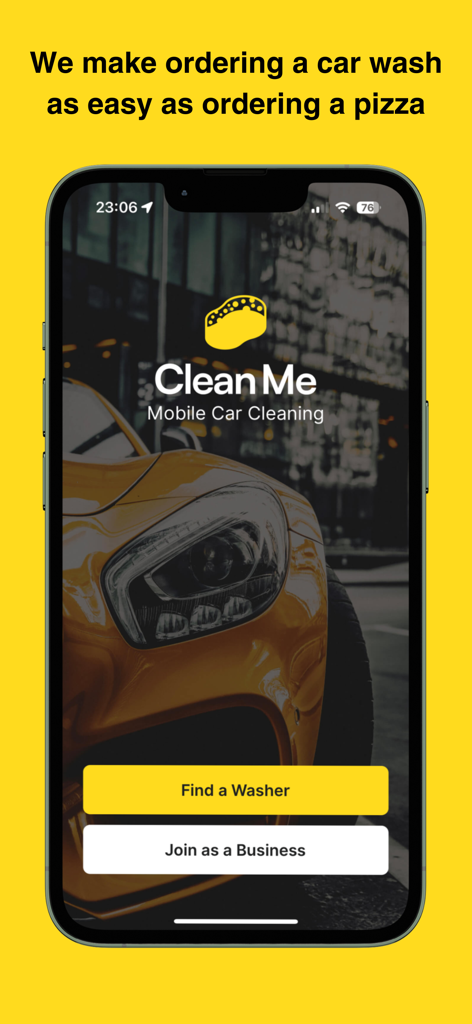 Clean Meアプリのホーム画面（iPhone）に、洗車業者を見つけるか、ビジネスとして参加するオプションが表示されています