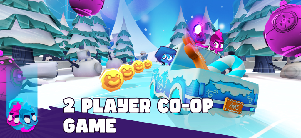 Back2Back: 2 Player Co-op Game - Personagens dirigindo um carro por uma fase de inverno nevado no jogo cooperativo para 2 jogadores de Back2Back para celular