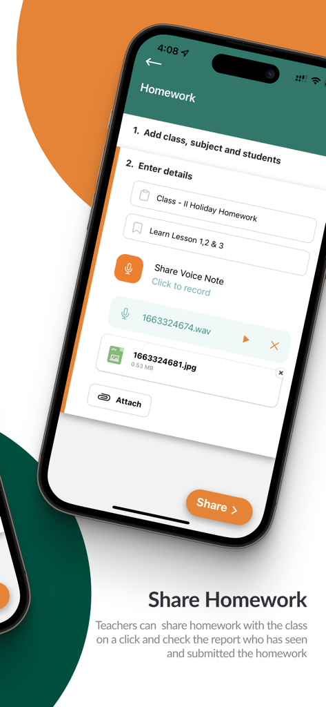 eduTinker: Your Institute App - Interfaz de la aplicación eduTinker que muestra a un maestro compartiendo tareas con notas de voz y archivos adjuntos