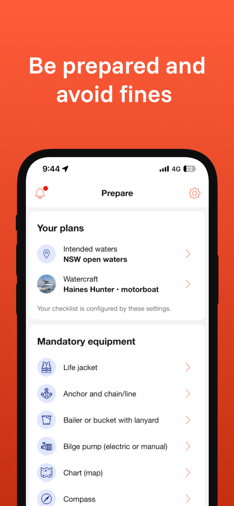 A mobile app interface showing a mandatory safety equipment checklist for boating