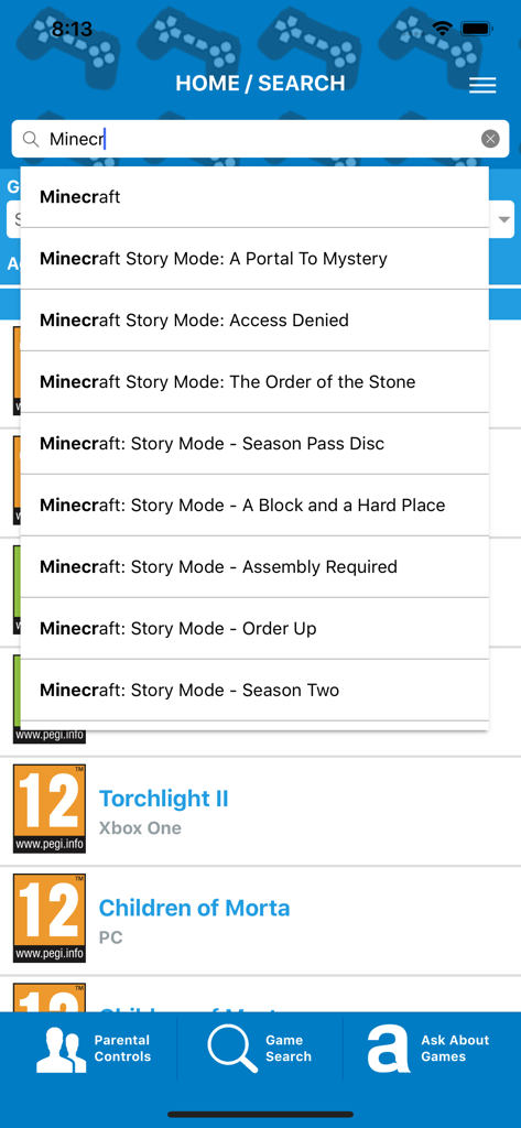 Resultados da pesquisa de videogames no aplicativo PEGI Ratings mostrando classificações de idade e opções de controle parental.