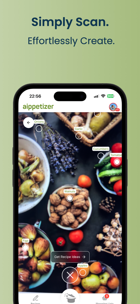 Aippetizer - Cooking Assistant - A smartphone screen showing the Aippetizer app scanning fresh ingredients like garlic and walnuts to generate AI recipe ideas.