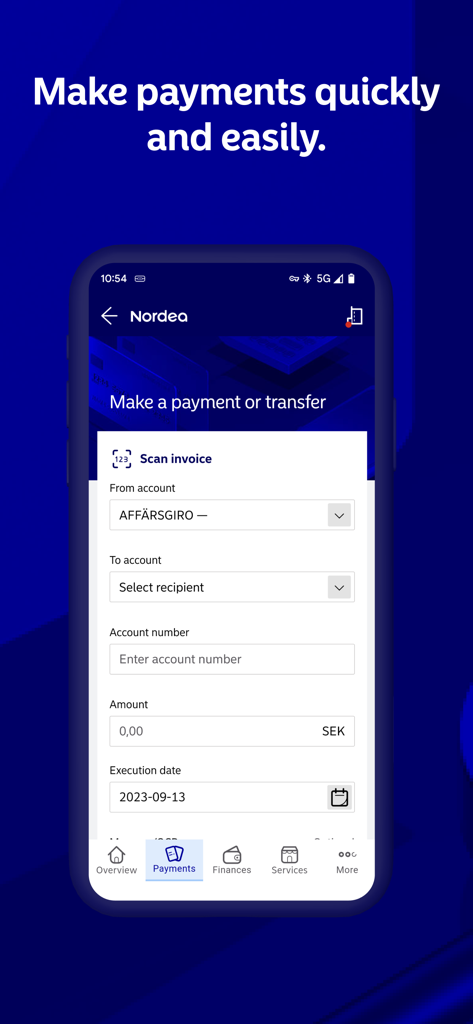 Nordea Business SE - Una interfaz móvil de la aplicación Nordea Business que muestra cómo realizar un pago o transferencia con campos para la selección de cuenta y el importe en SEK.