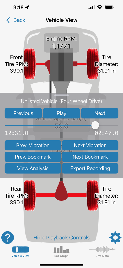 診断分析用のリアルタイムのエンジンおよびタイヤのRPMデータを表示するNVHアプリの車両の俯瞰図。