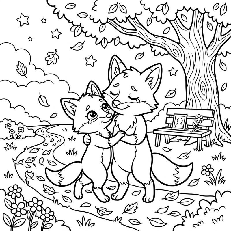 This touching coloring page features two sweet foxes sharing a comforting hug under a beautiful autumn tree. Designed for kids, it gently explores themes of grief and remembrance through creative expression.