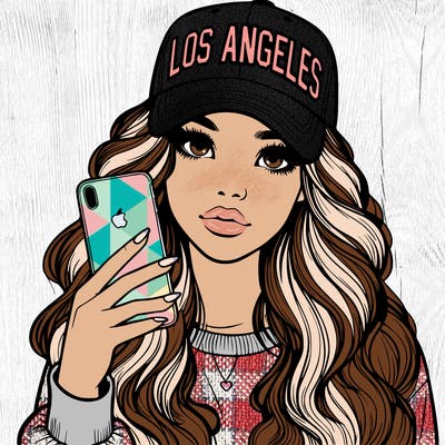 realistic beautiful girl wearing los ángeles cap holding an iphone