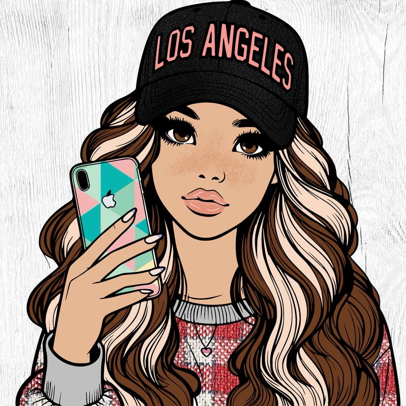 realistic beautiful girl wearing los ángeles cap holding an iphone