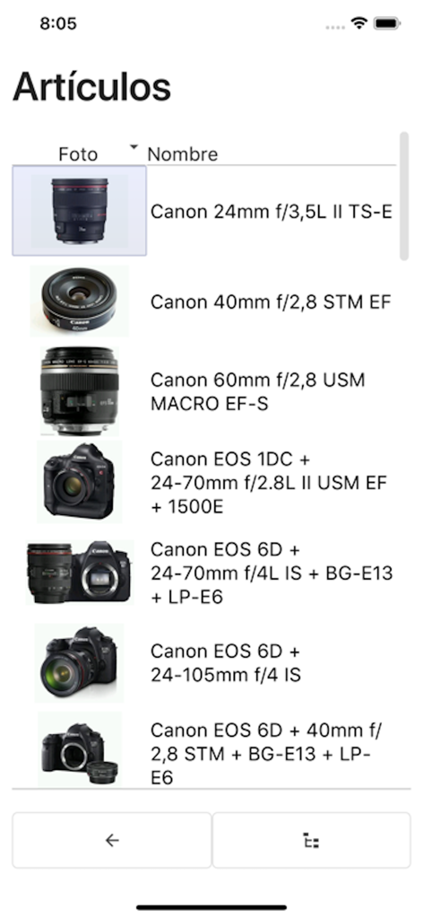 Pantalla de inventario de la aplicación móvil Velneo vClient mostrando una lista de productos de cámaras