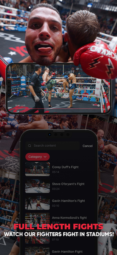AKA Thailand TV - A mobile app interface displaying a list of full length Muay Thai stadium fights and a live match player.