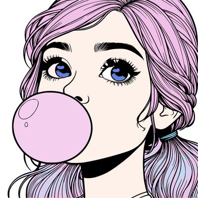 realistic girl blowing bubblegum
