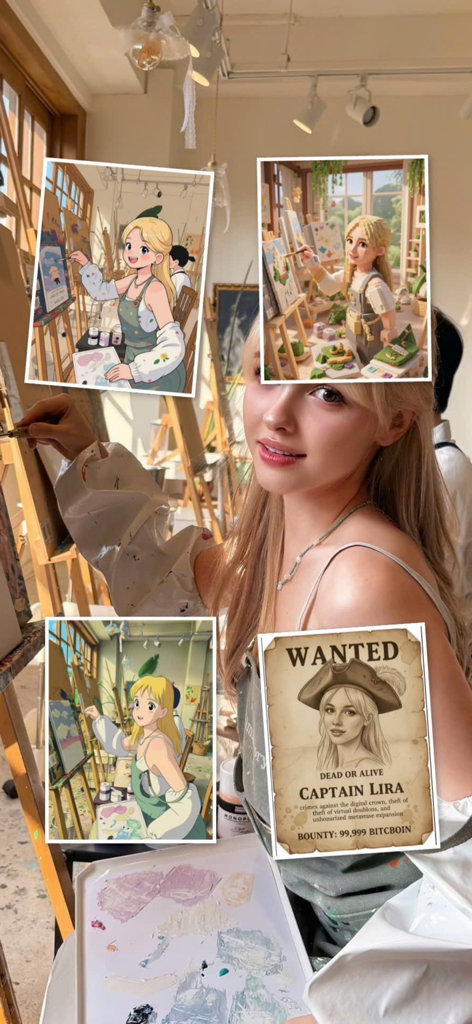 AI Artistic: Wan Video - Uma mulher em um estúdio de arte exibida ao lado de quatro versões artísticas geradas por IA, incluindo anime, 3D e um pôster de procurado com tema pirata.