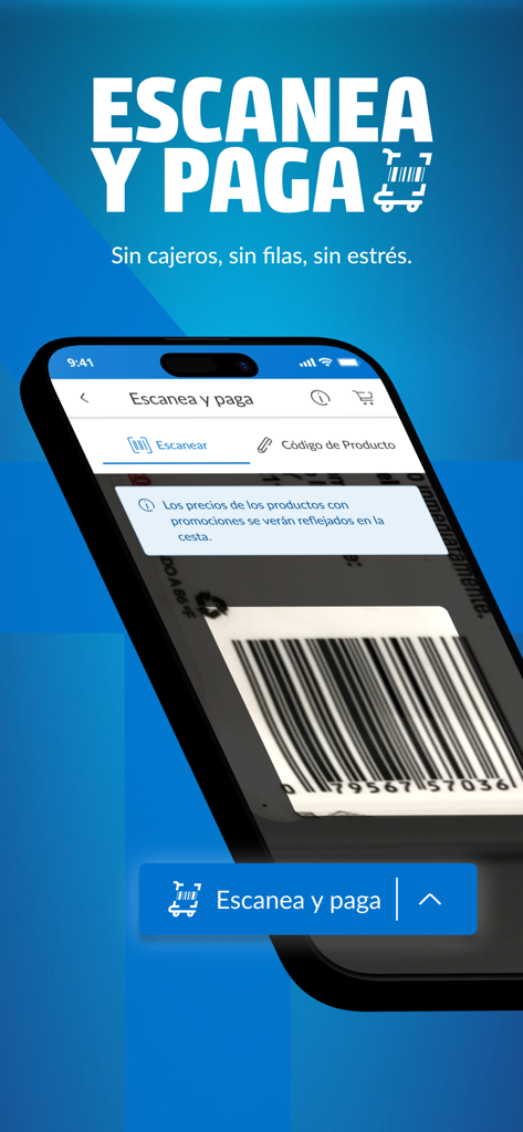 Homecenter app Scan and Pay feature showing a smartphone scanning a product barcode