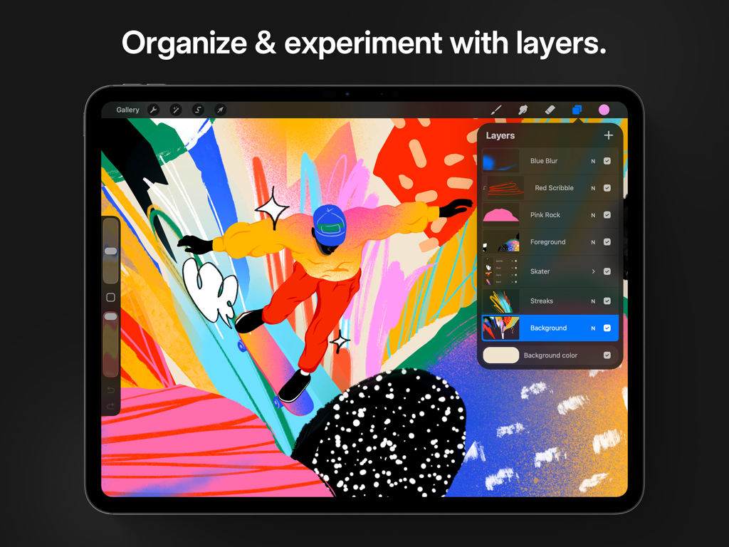 Procreate - Procreate iPad 인터페이스가 스케이트보드를 타는 사람의 생생한 디지털 일러스트레이션 위에 레이어 패널을 보여줍니다.