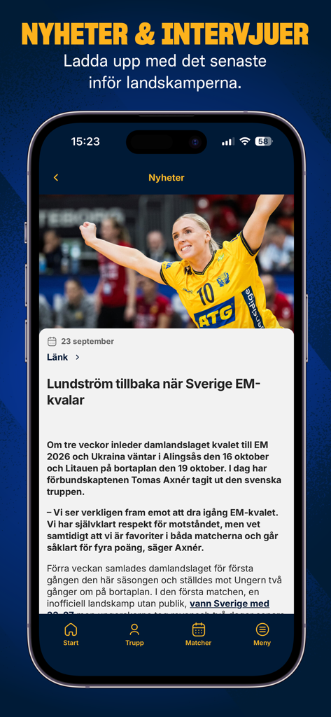Svenska Handbollslandslaget - Screenshot of the official Swedish handball app displaying news articles and player interviews
