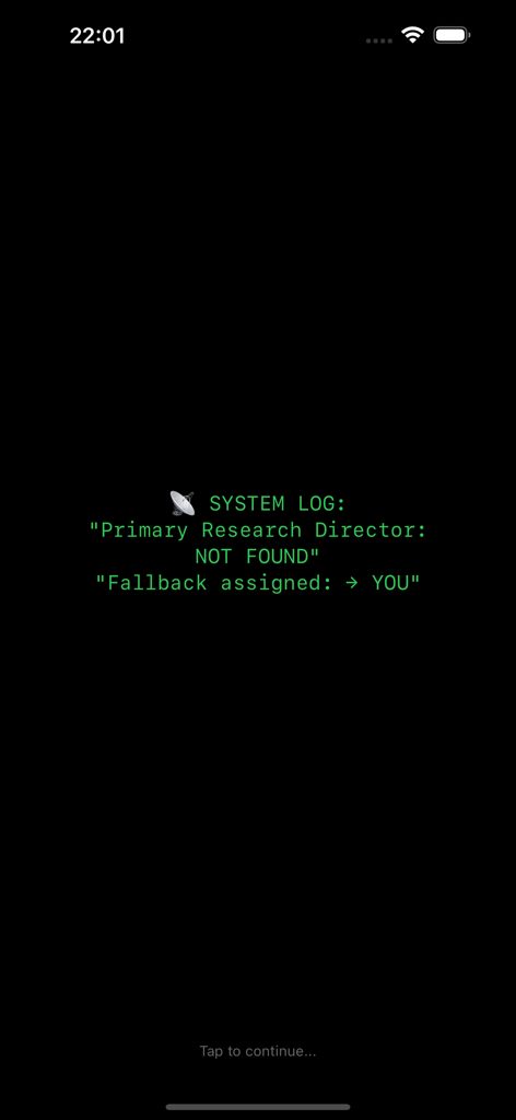 A black screen with green terminal text displaying a system log that assigns the player as the fallback research director in Lab Gone Wrong.