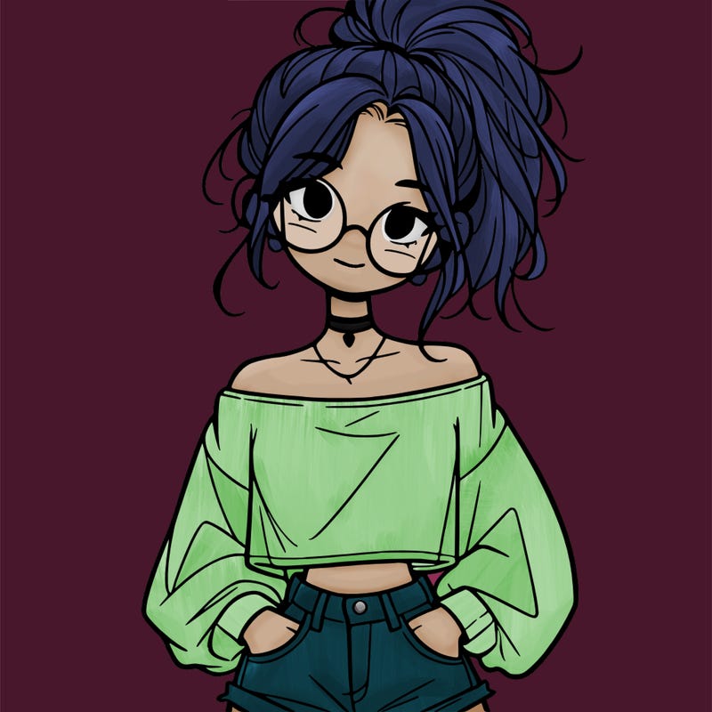 girl with a messy ponytail glasses a baggy crop top and jean shorts