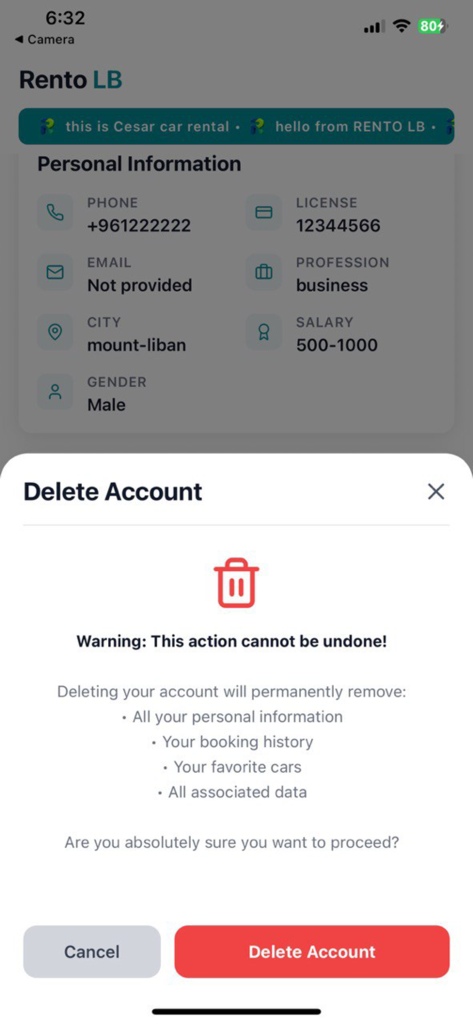 Rento LBアプリのインターフェース。赤いゴミ箱アイコンと警告メッセージが表示されたアカウント削除確認ダイアログ。
