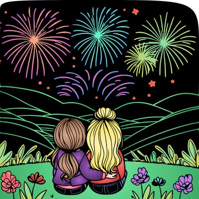 two girls sitting with each other facing away watching fireworks on a hill realistic