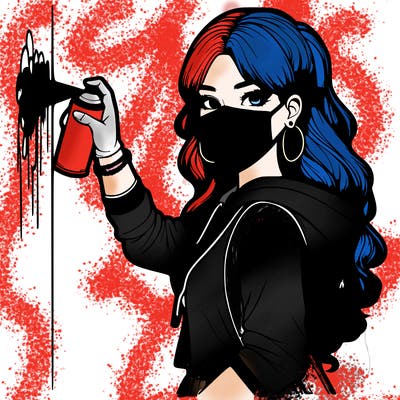 realistic girl with mask spray painting a wall