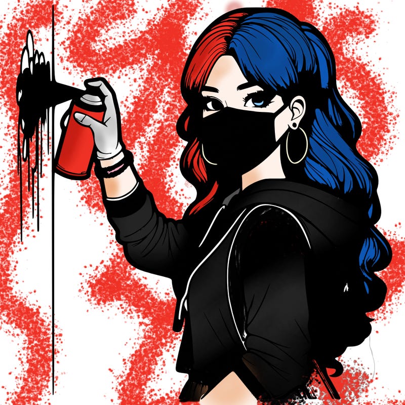 realistic girl with mask spray painting a wall