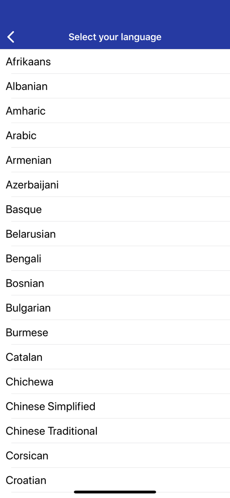 Pantalla de selección de idioma que muestra varios idiomas compatibles en la aplicación Test de CI.