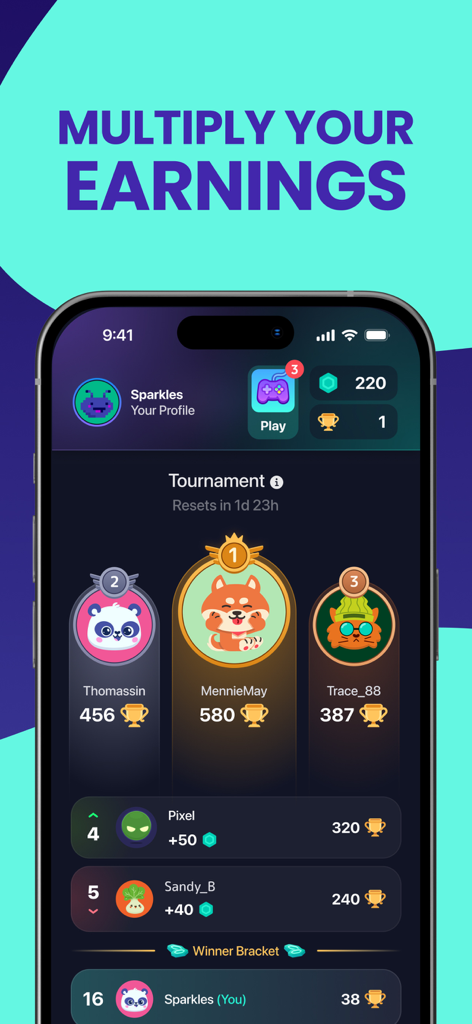 Mistplay app interface showing a tournament leaderboard with top players and reward points.