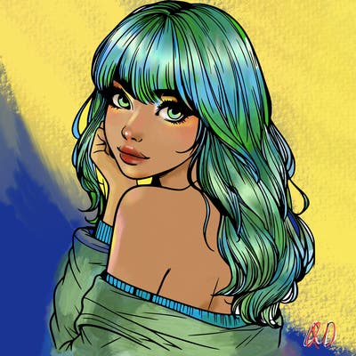 realistic girl with bangs looking over her shoulder