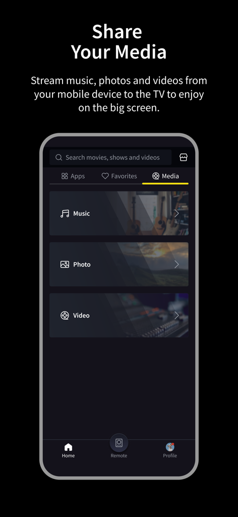 VIDAA - Benutzeroberfläche der VIDAA-App zum Teilen von Musik, Fotos und Videos von einem Mobilgerät auf einen Smart TV