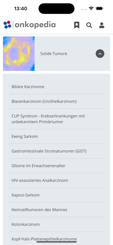 Onkopedia Leitlinienportal - Onkopedia-App-Oberfläche mit einer Liste medizinischer Leitlinien für verschiedene solide Tumore
