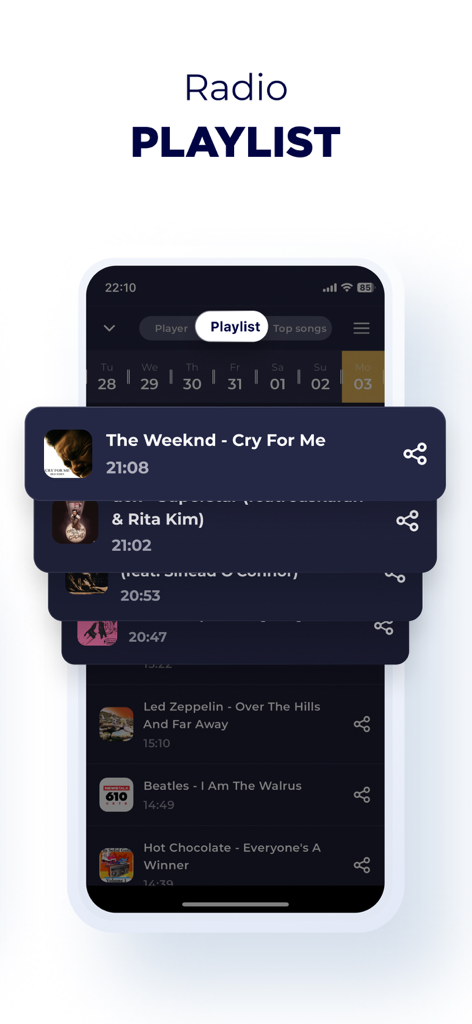 Pantalla de lista de reproducción de la aplicación Radio Canada con historial de canciones reproducidas recientemente