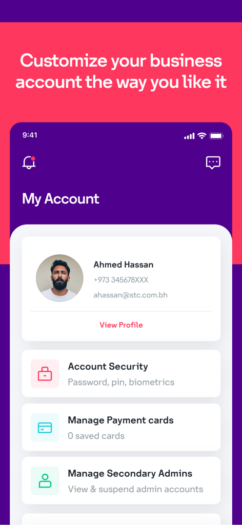 stc Business BH - A screenshot of the stc Business BH app showing the account management screen with profile details and settings for security, payments, and admins.