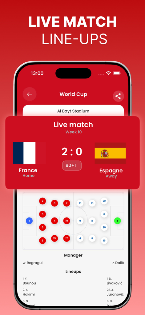 Yacine Live Score TV Player - Yacine Live Score App zeigt eine taktische Aufstellung und Live-Ergebnis eines Fußballspiels.