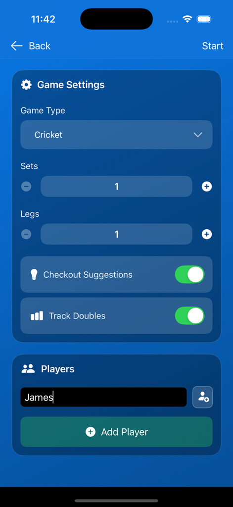 Darts Scores - The game settings screen of the Darts Scores app showing cricket mode selection and player management.