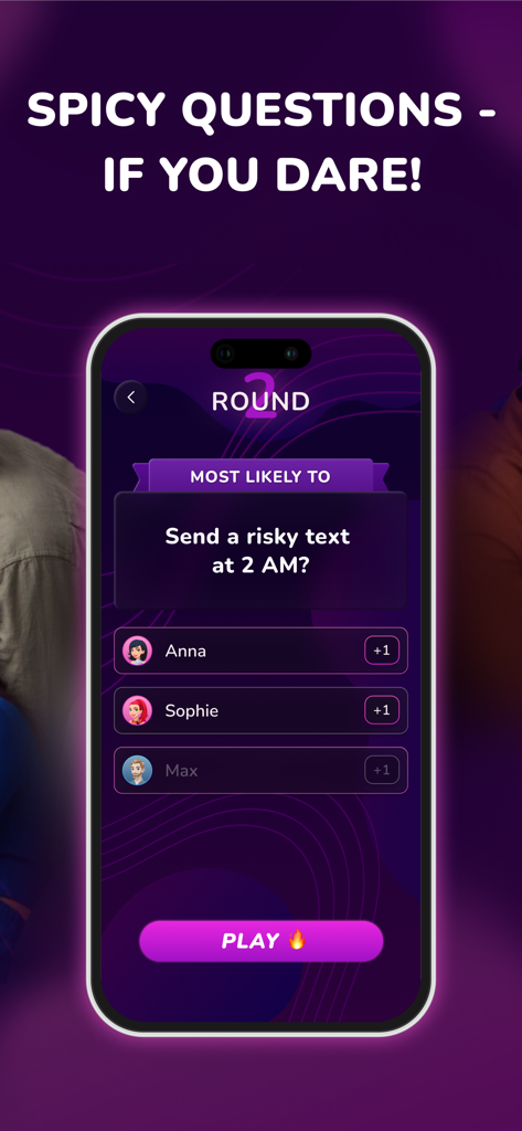 Un smartphone mostrando la interfaz del juego Most Likely To con una pregunta picante sobre enviar un mensaje de texto arriesgado a las 2 AM