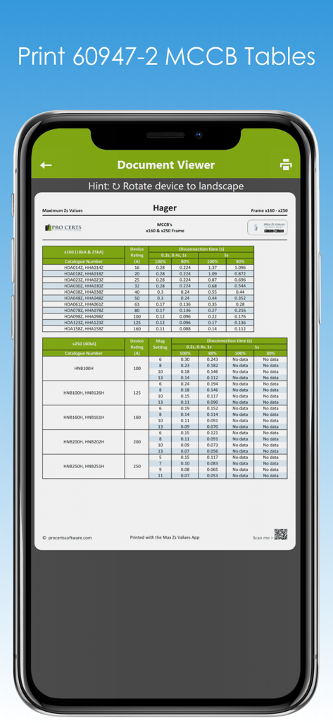 Max Zs Values - Screen showing Hager MCCB tables in the Max Zs Values app document viewer.