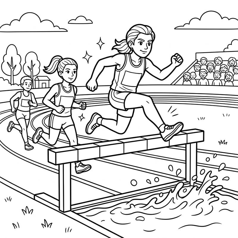 Get ready to race with this exciting steeplechase coloring page, perfect for young athletes and sports enthusiasts. Watch as runners leap over barriers and splash through water in a thrilling competition.