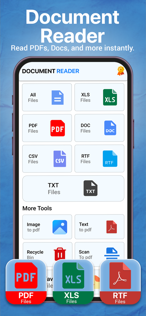 All Doc Reader & PDF Converter - Captura de pantalla de la aplicación Todo Lector de Documentos mostrando varias categorías de archivos, incluyendo PDF, XLS y DOC, además de herramientas para la conversión de imagen a PDF.