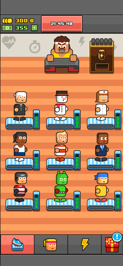 A gym factory screen in Make More game showing diverse workers on treadmills overseen by a muscular boss character