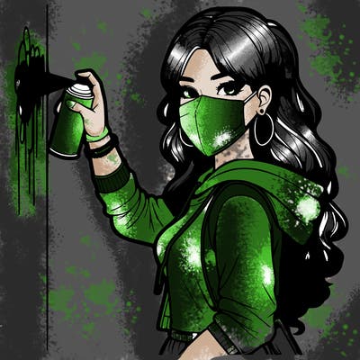 realistic girl with mask spray painting a wall