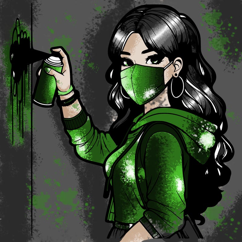 realistic girl with mask spray painting a wall