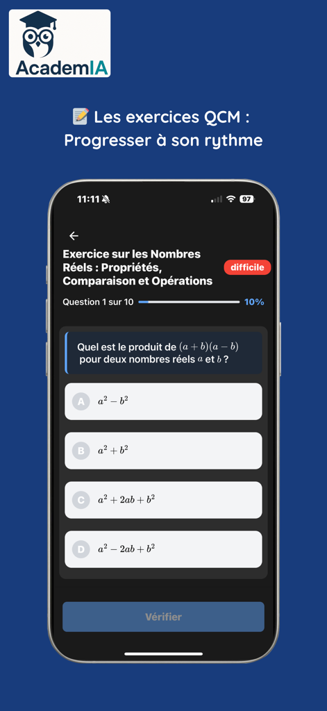 academia (8eb885) - AcademIA app interface showing a math multiple choice question about real numbers