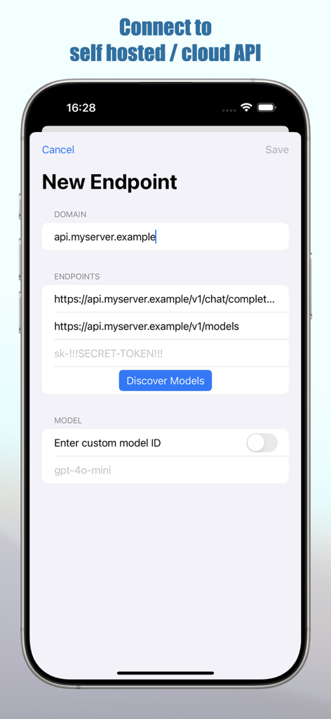 Smart AI: Local LLM & API Chat - Interface for configuring custom API endpoints to connect to self hosted or cloud AI models.