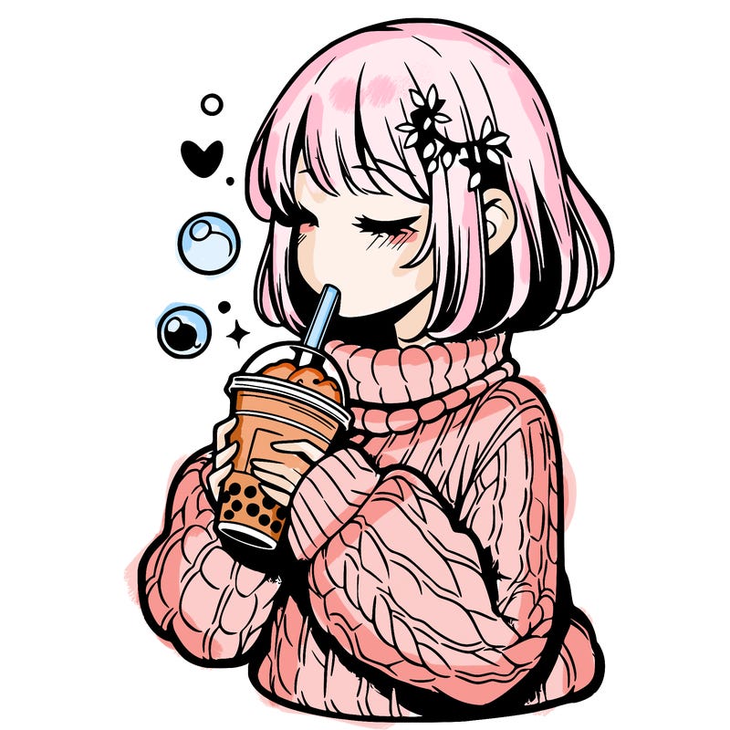 manga girl drinking boba in cozy sweater