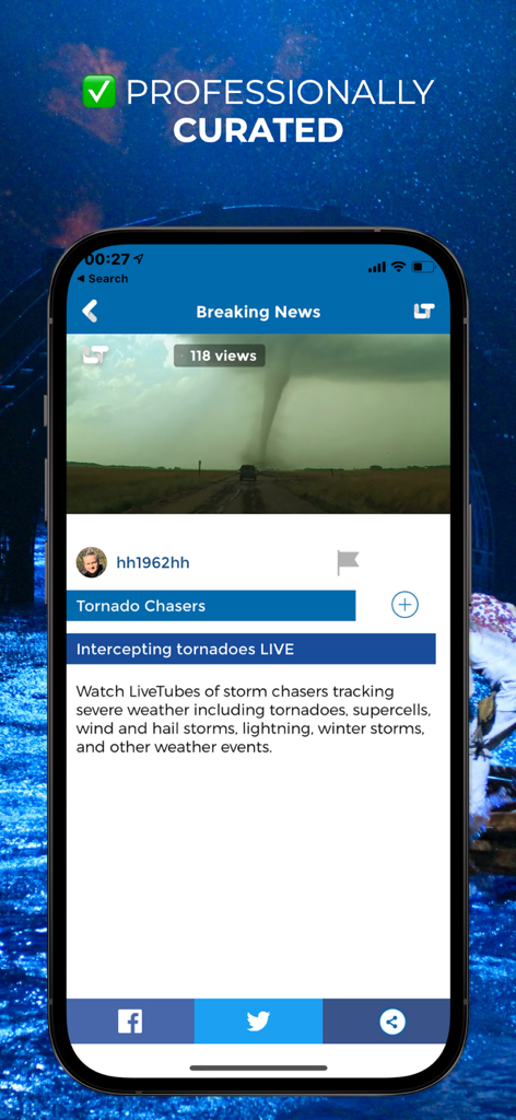 A smartphone showing a live broadcast of tornado chasers in the LiveTube app with the text Professionally Curated