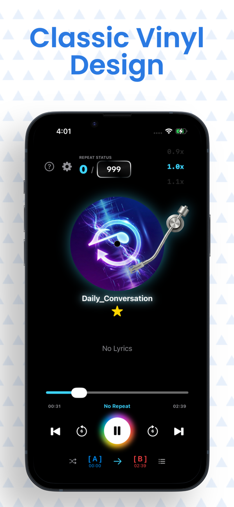 AB Repeater-  mp3 Music player - AB Repeater app screenshot showing a classic vinyl design interface with A-B repeat controls