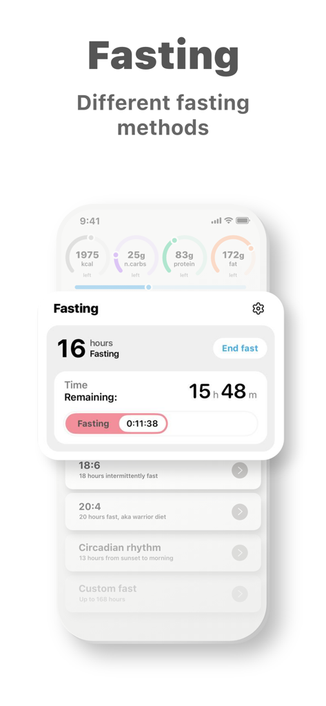 Intermittent fasting tracker interface in the Keto diet app showing different fasting methods and a countdown timer