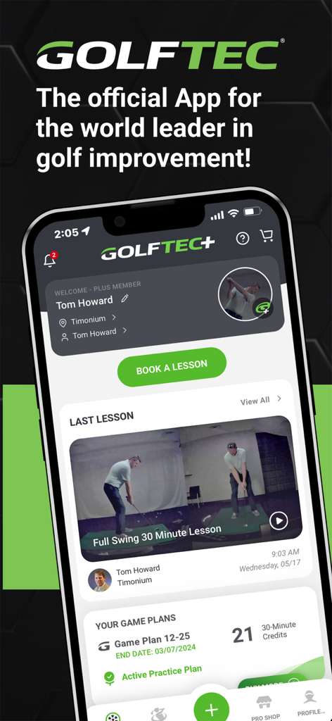 The GOLFTEC mobile app interface showing a user profile, lesson booking button, and video swing analysis.