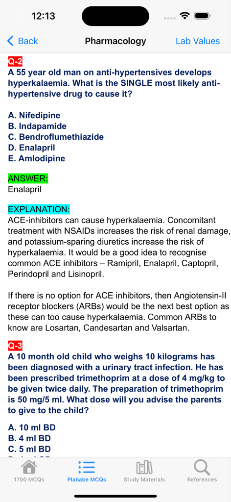 Mobile app screenshot showing pharmacology multiple choice questions with answers and explanations for PLAB exam preparation.